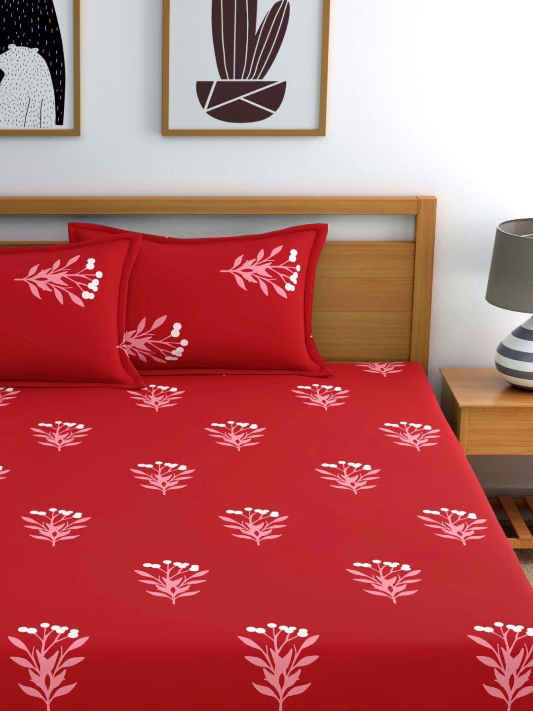Home Ecstasy 100% Cotton Floral Bedsheet Set | 140 TC | Red
