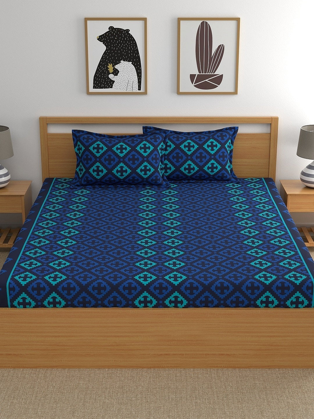 Home Ecstasy 100% Cotton Ethnic Bedsheet Set | 140 TC | Blue
