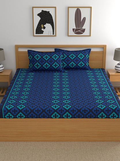 Home Ecstasy 100% Cotton Ethnic Bedsheet Set | 140 TC | Blue