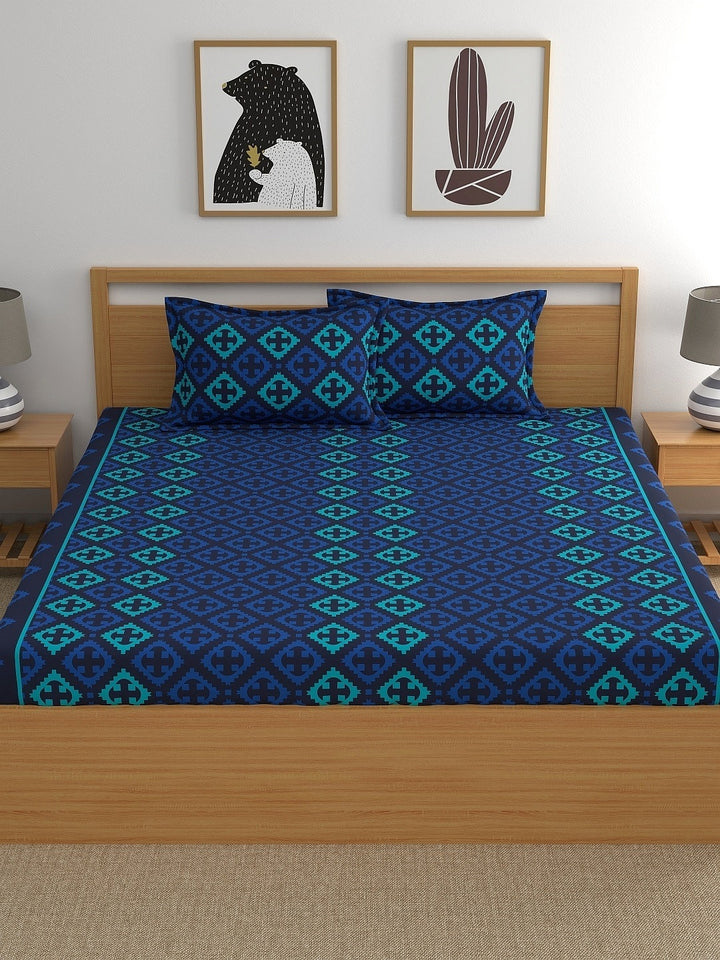 Home Ecstasy 100% Cotton Ethnic Bedsheet Set | 140 TC | Blue