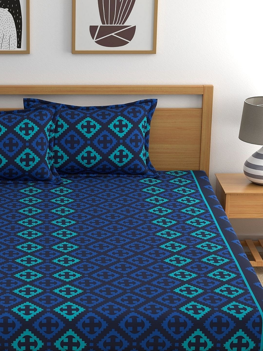 Home Ecstasy 100% Cotton Ethnic Bedsheet Set | 140 TC | Blue