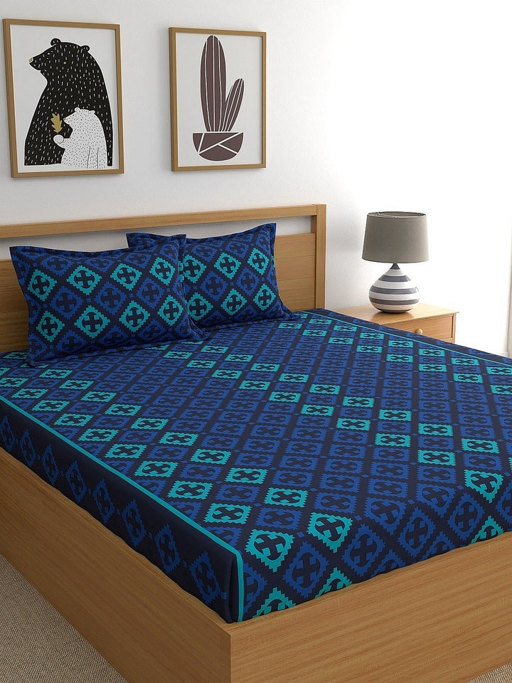 Home Ecstasy 100% Cotton Ethnic Bedsheet Set | 140 TC | Blue