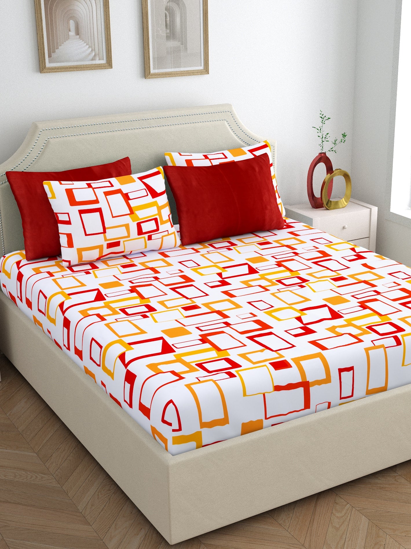 Home Esctasy 100% Cotton Geometric Bedsheet Set | 140 TC | Orange