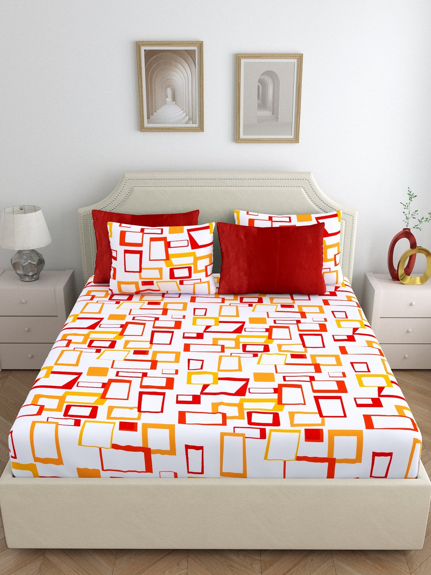 Home Esctasy 100% Cotton Geometric Bedsheet Set | 140 TC | Orange