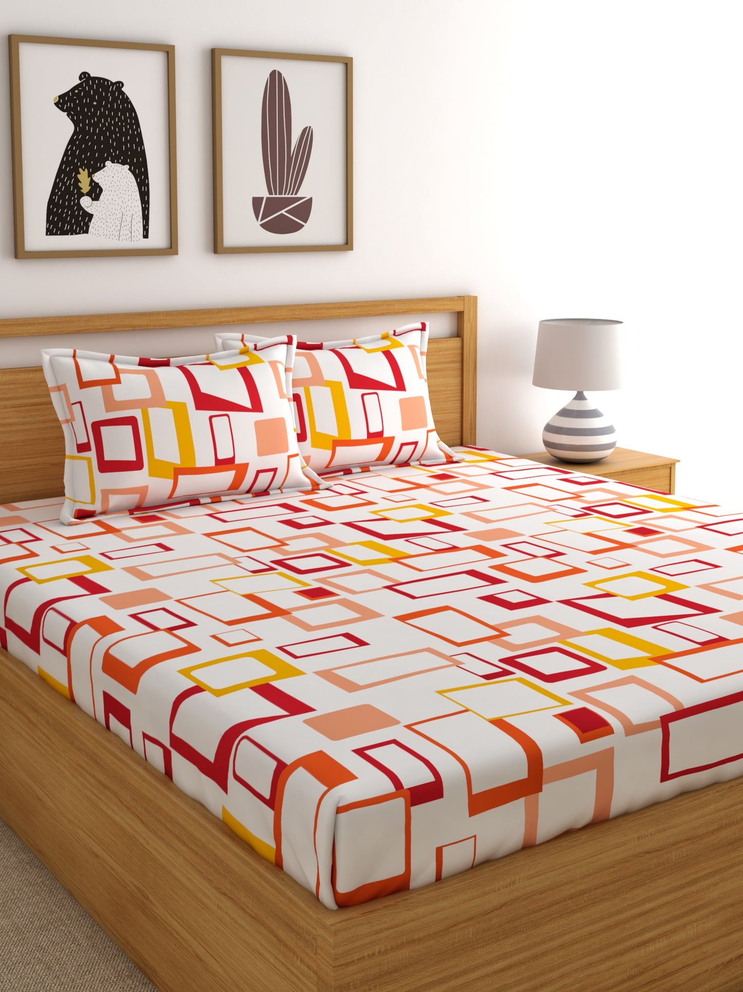 Home Esctasy 100% Cotton Geometric Bedsheet Set | 140 TC | Orange