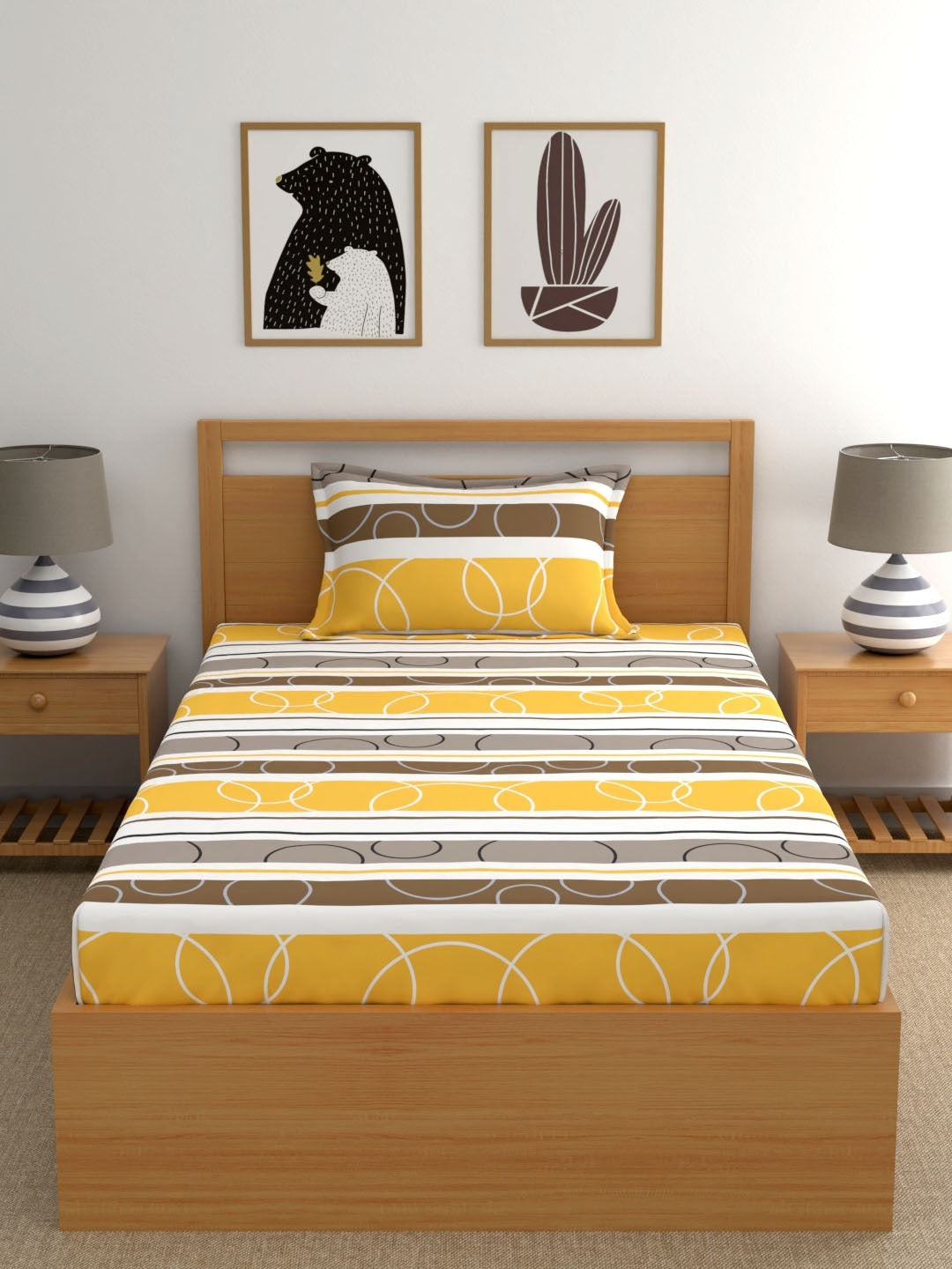 Home Ecstasy 100% Cotton Geometric Bedsheet Set | 140 TC | Yellow