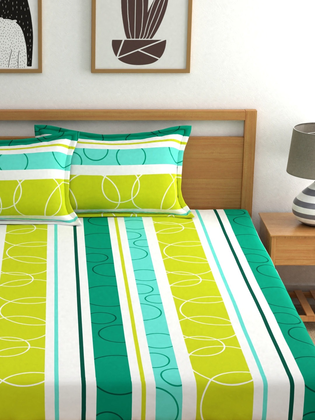 Home Ecstasy 100% Cotton Geometric Bedsheet Set | 140 TC | Lime Green