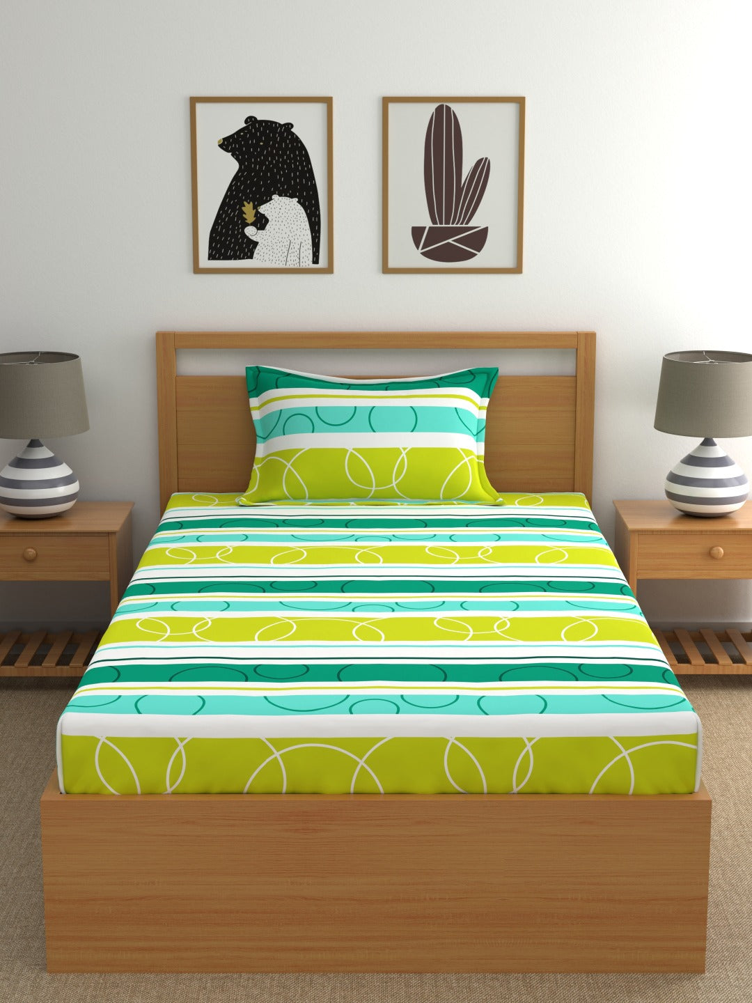 Home Ecstasy 100% Cotton Geometric Bedsheet Set | 140 TC | Lime Green