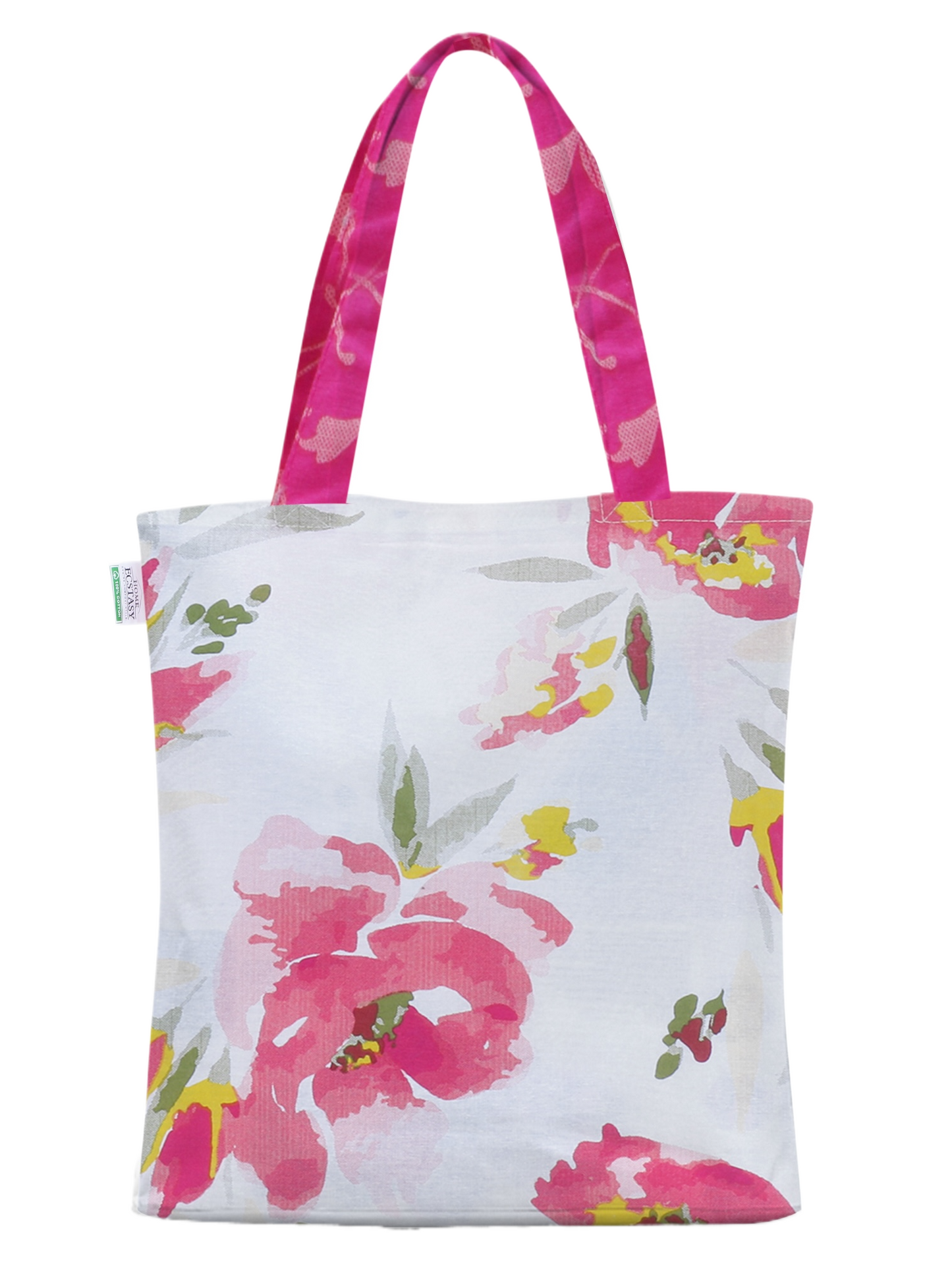 Home Ecstasy 100% Cotton Floral Tote Bag Set Of 2 | 140 TC | Pink and Lime Green