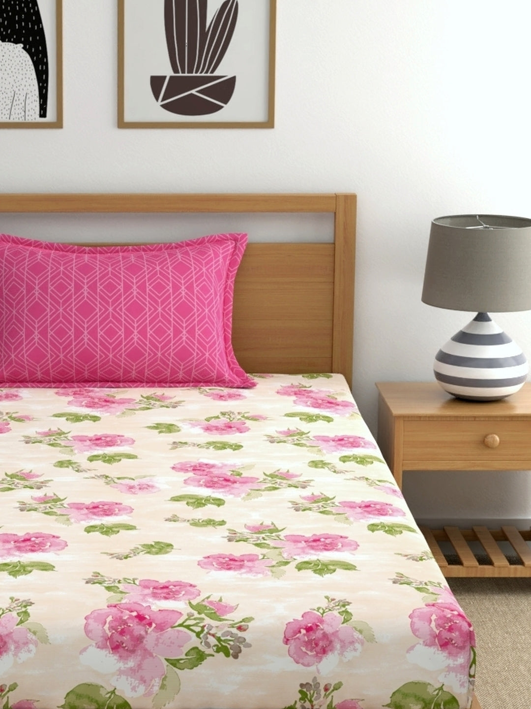 Home Ecstasy 100% Cotton Floral Bedsheet Set | 140 TC | Pink