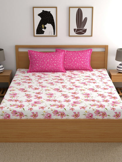 Home Ecstasy 100% Cotton Floral Bedsheet Set | 140 TC | Light Pink
