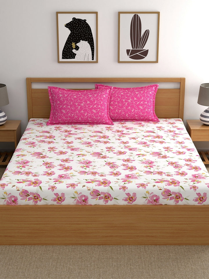 Home Ecstasy 100% Cotton Floral Bedsheet Set | 140 TC | Light Pink
