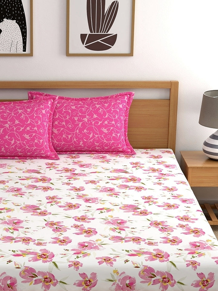 Home Ecstasy 100% Cotton Floral Bedsheet Set | 140 TC | Light Pink