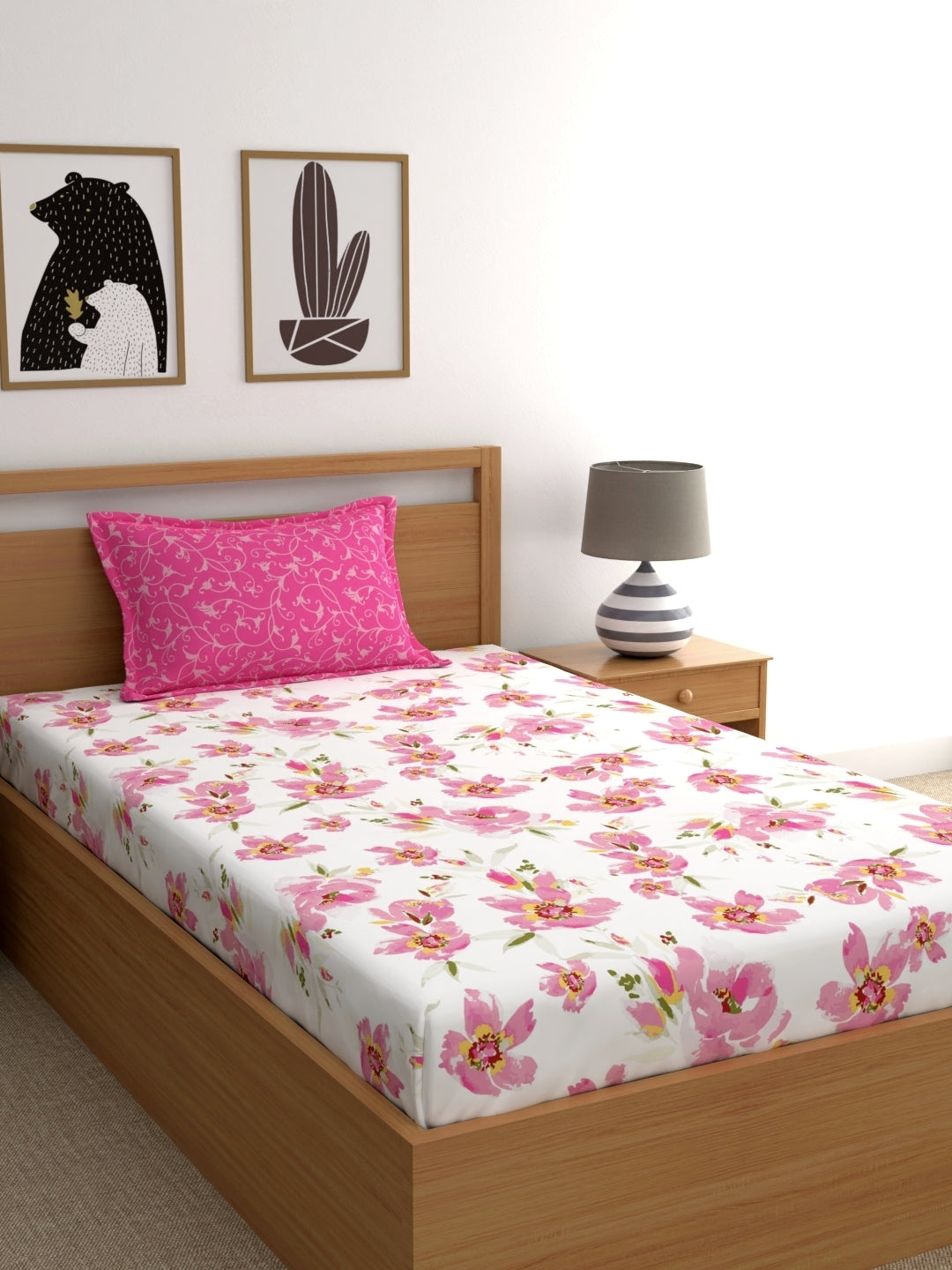 Home Ecstasy 100% Cotton Floral Bedsheet Set | 140 TC | Light Pink