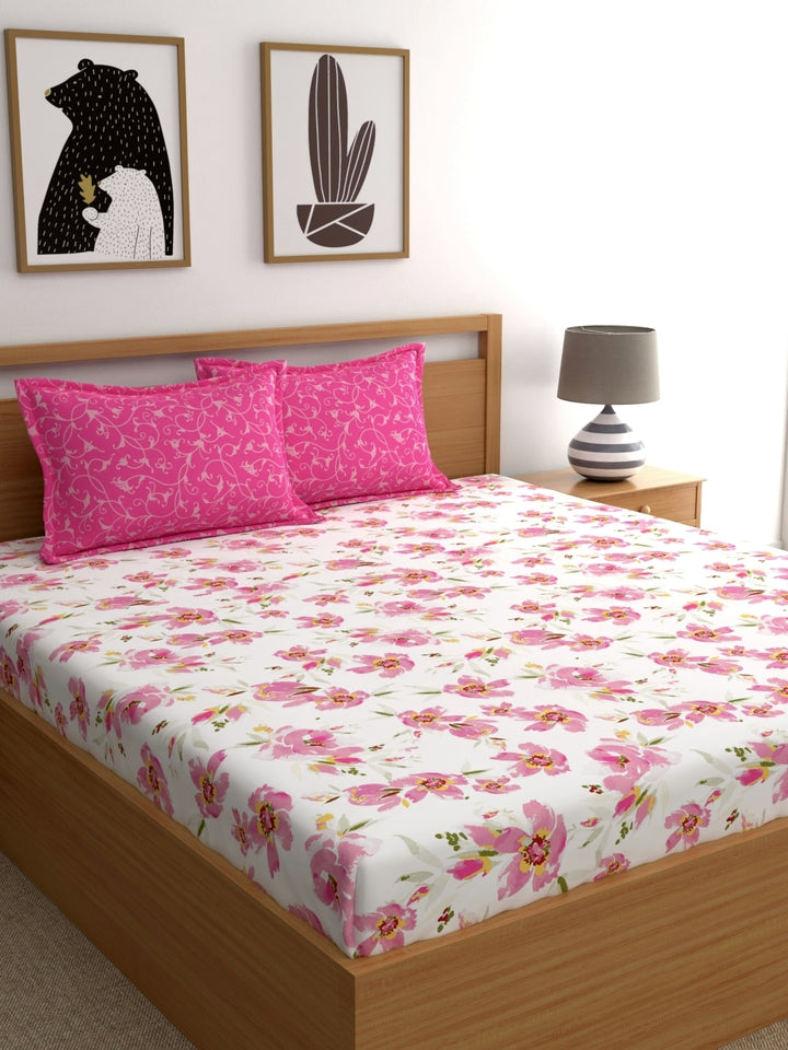 Home Ecstasy 100% Cotton Floral Bedsheet Set | 140 TC | Light Pink