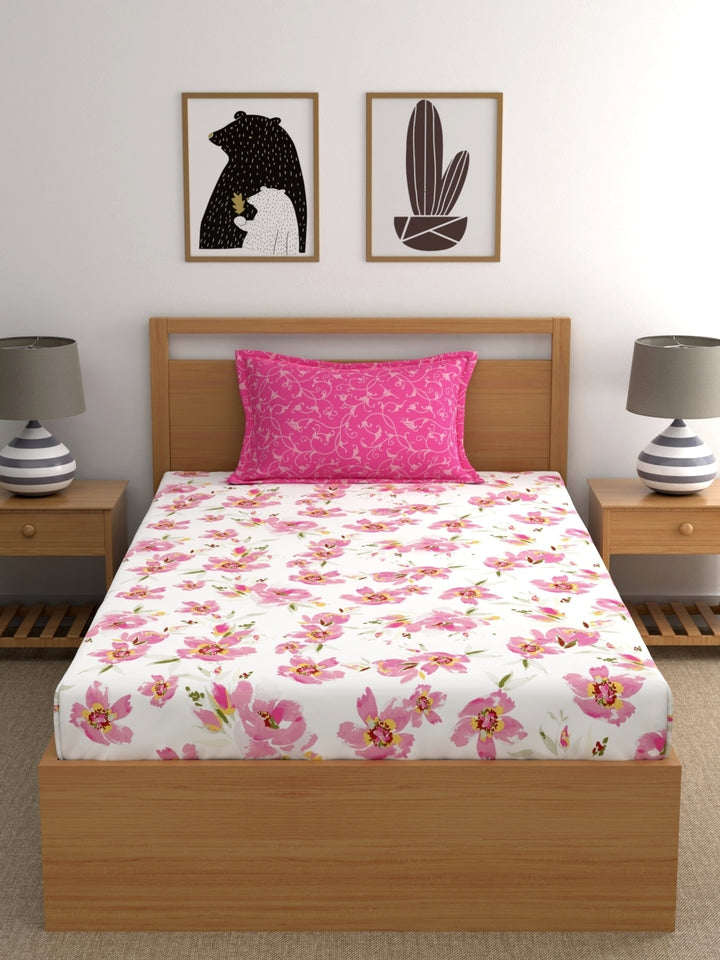 Home Ecstasy 100% Cotton Floral Bedsheet Set | 140 TC | Light Pink