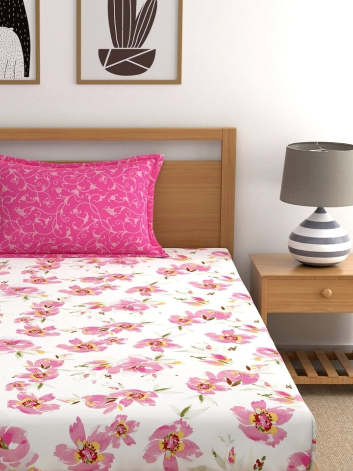 Home Ecstasy 100% Cotton Floral Bedsheet Set | 140 TC | Light Pink