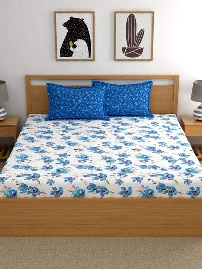 Home Ecstasy 100% Cotton Floral Bedsheet Set | 140 TC | Blue