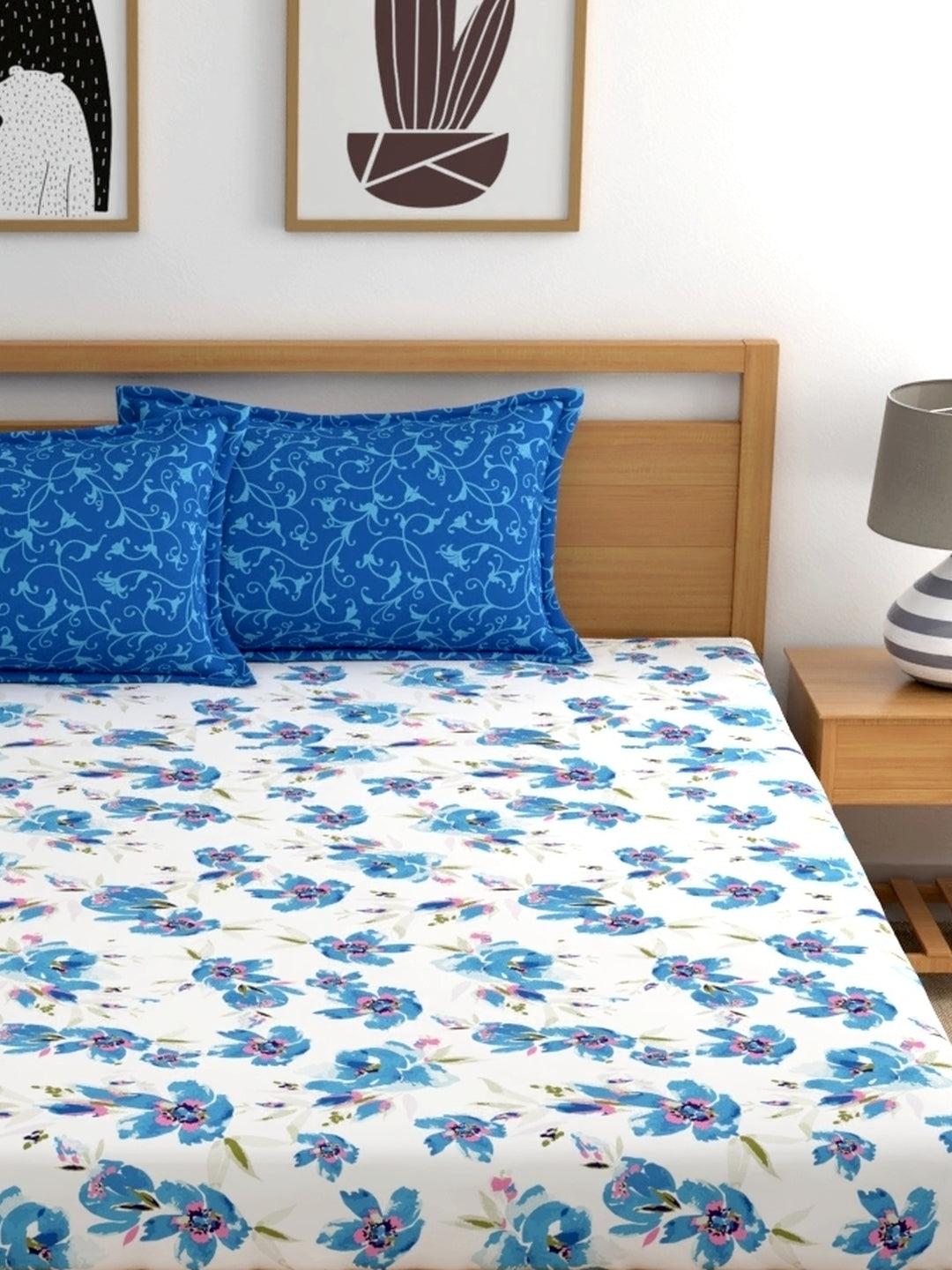 Home Ecstasy 100% Cotton Floral Bedsheet Set | 140 TC | Blue