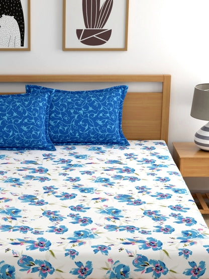 Home Ecstasy 100% Cotton Floral Bedsheet Set | 140 TC | Blue