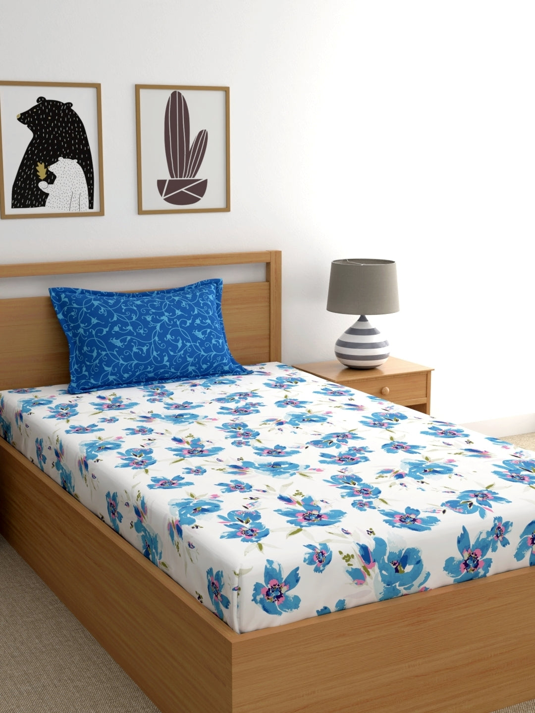 Home Ecstasy 100% Cotton Floral Bedsheet Set | 140 TC | Blue