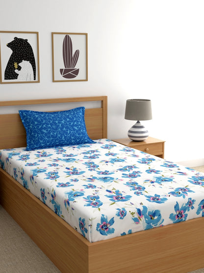 Home Ecstasy 100% Cotton Floral Bedsheet Set | 140 TC | Blue