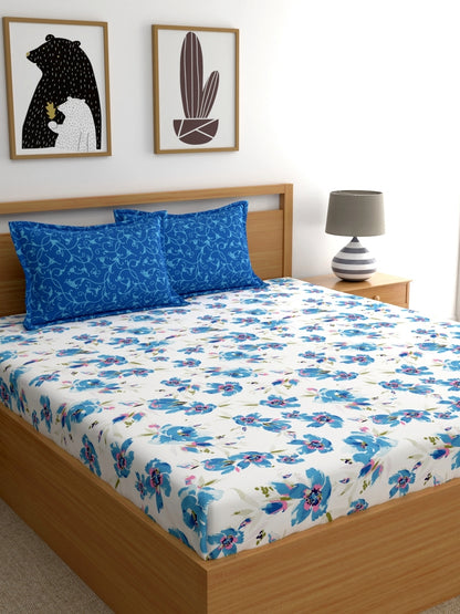 Home Ecstasy 100% Cotton Floral Bedsheet Set | 140 TC | Blue
