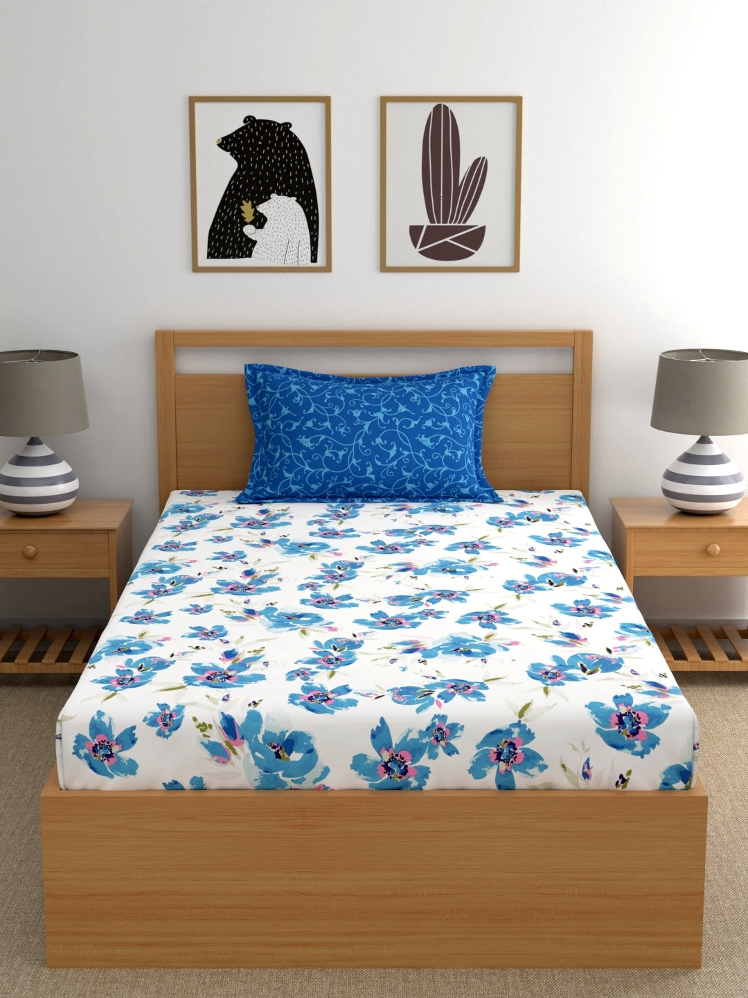 Home Ecstasy 100% Cotton Floral Bedsheet Set | 140 TC | Blue
