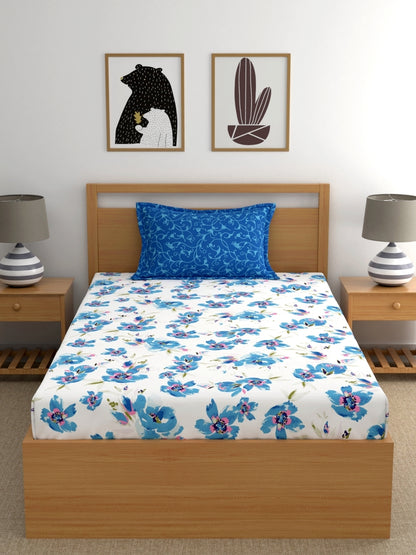 Home Ecstasy 100% Cotton Floral Bedsheet Set | 140 TC | Blue