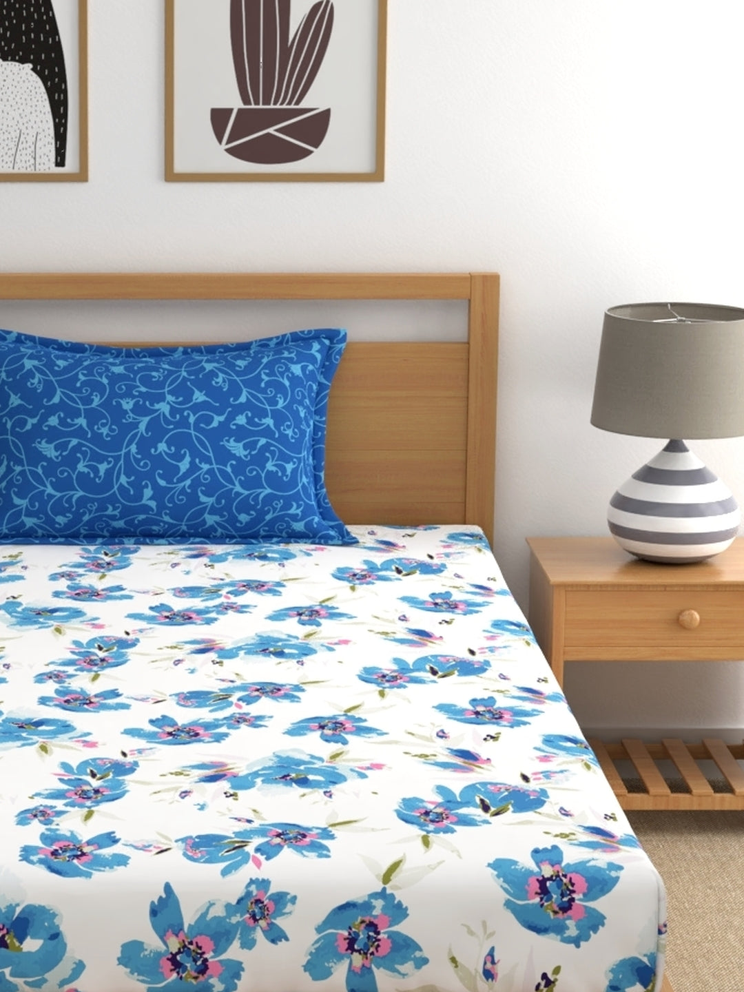 Home Ecstasy 100% Cotton Floral Bedsheet Set | 140 TC | Blue