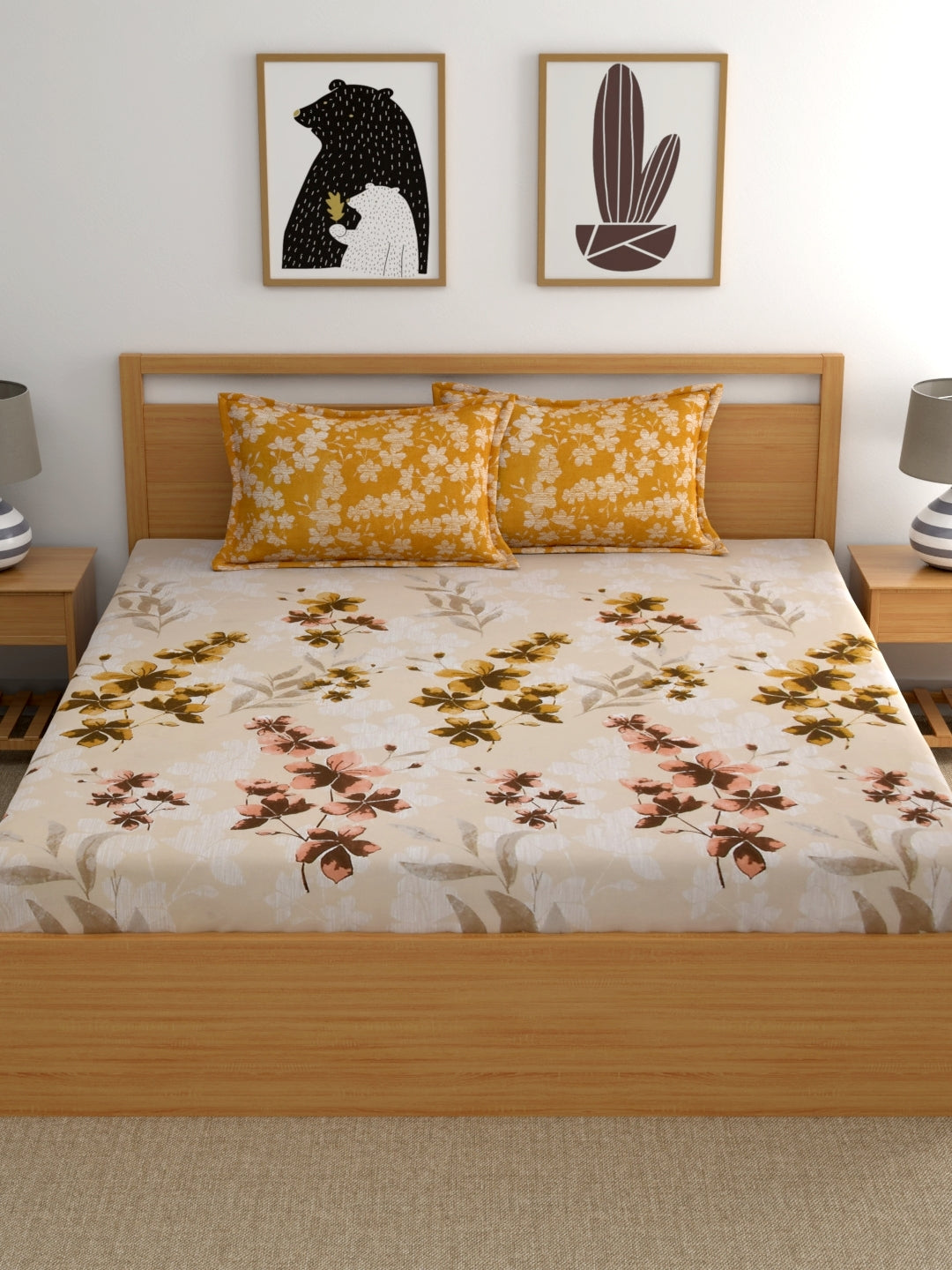 Home Ecstasy 100% Cotton Floral Bedsheet Set | 140 TC | Mustard