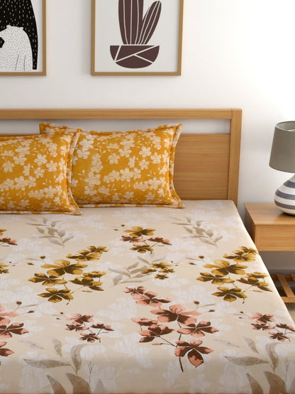 Home Ecstasy 100% Cotton Floral Bedsheet Set | 140 TC | Mustard