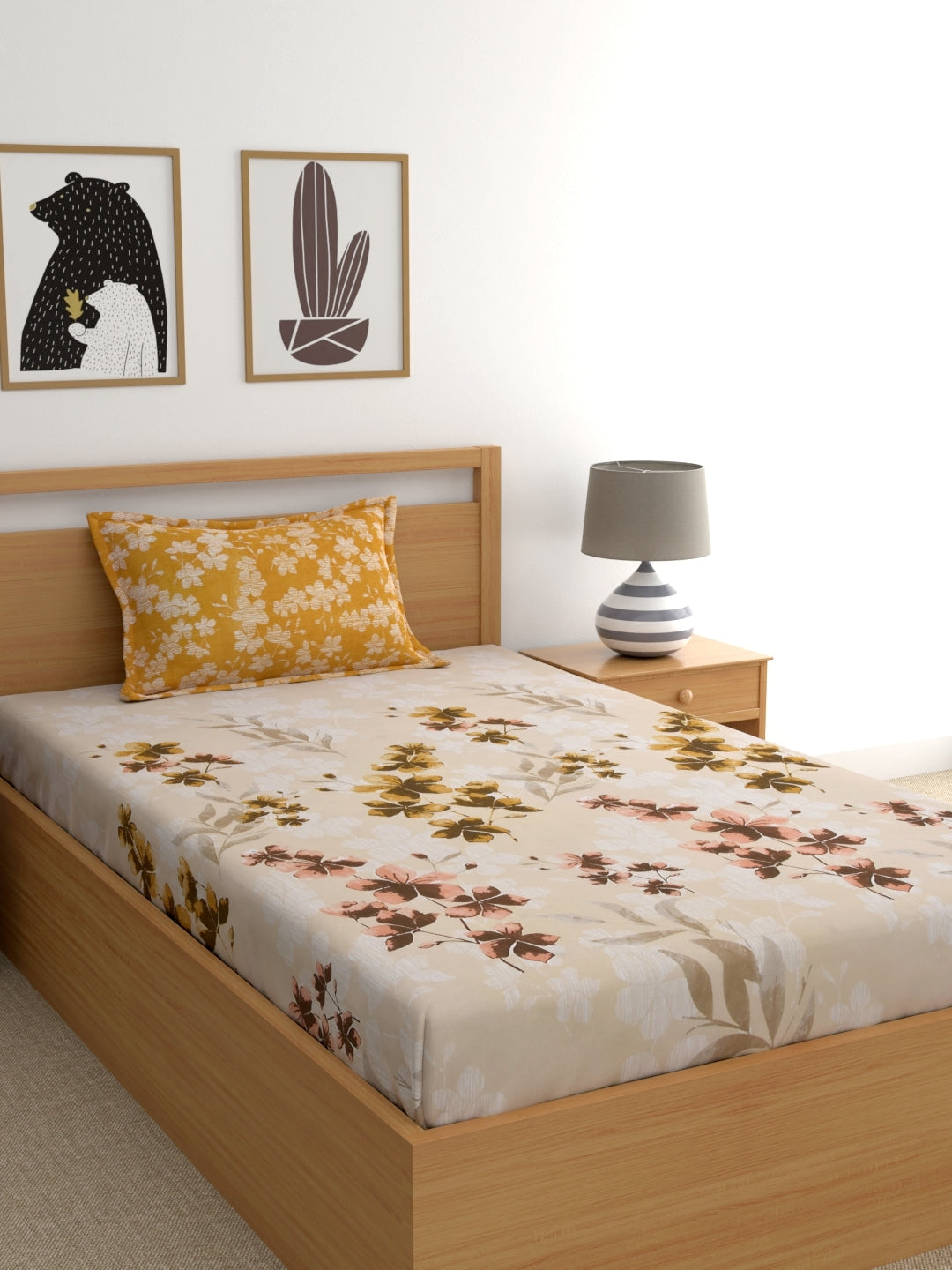 Home Ecstasy 100% Cotton Floral Bedsheet Set | 140 TC | Mustard