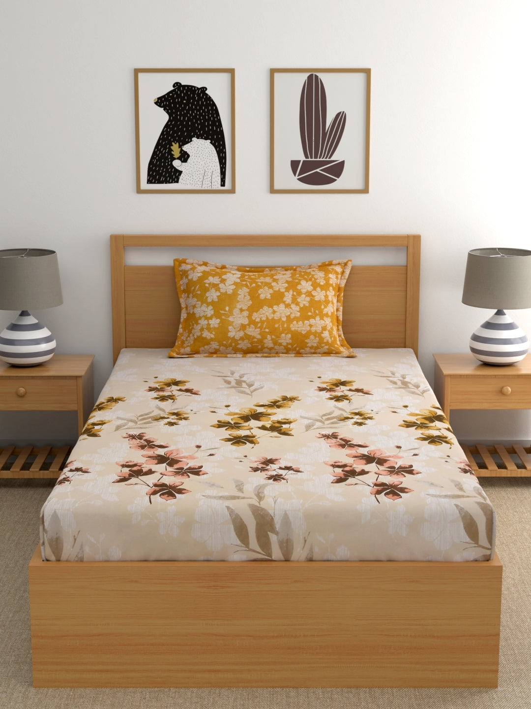 Home Ecstasy 100% Cotton Floral Bedsheet Set | 140 TC | Mustard