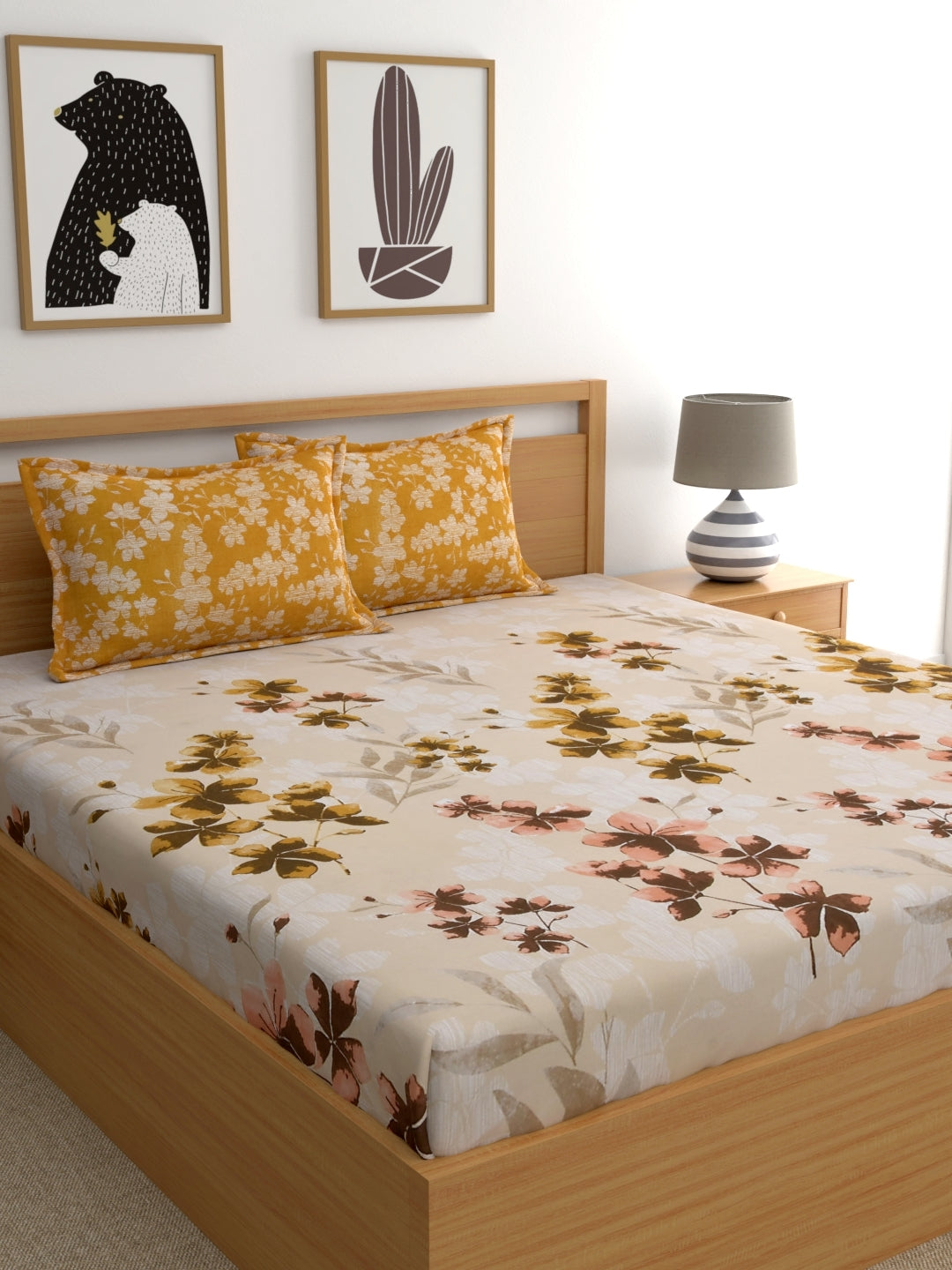 Home Ecstasy 100% Cotton Floral Bedsheet Set | 140 TC | Mustard