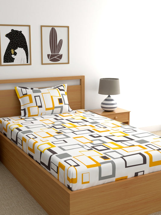 Home Ecstasy 100% Cotton 140 TC Geometric Fitted Bedsheet Set - Colour: White