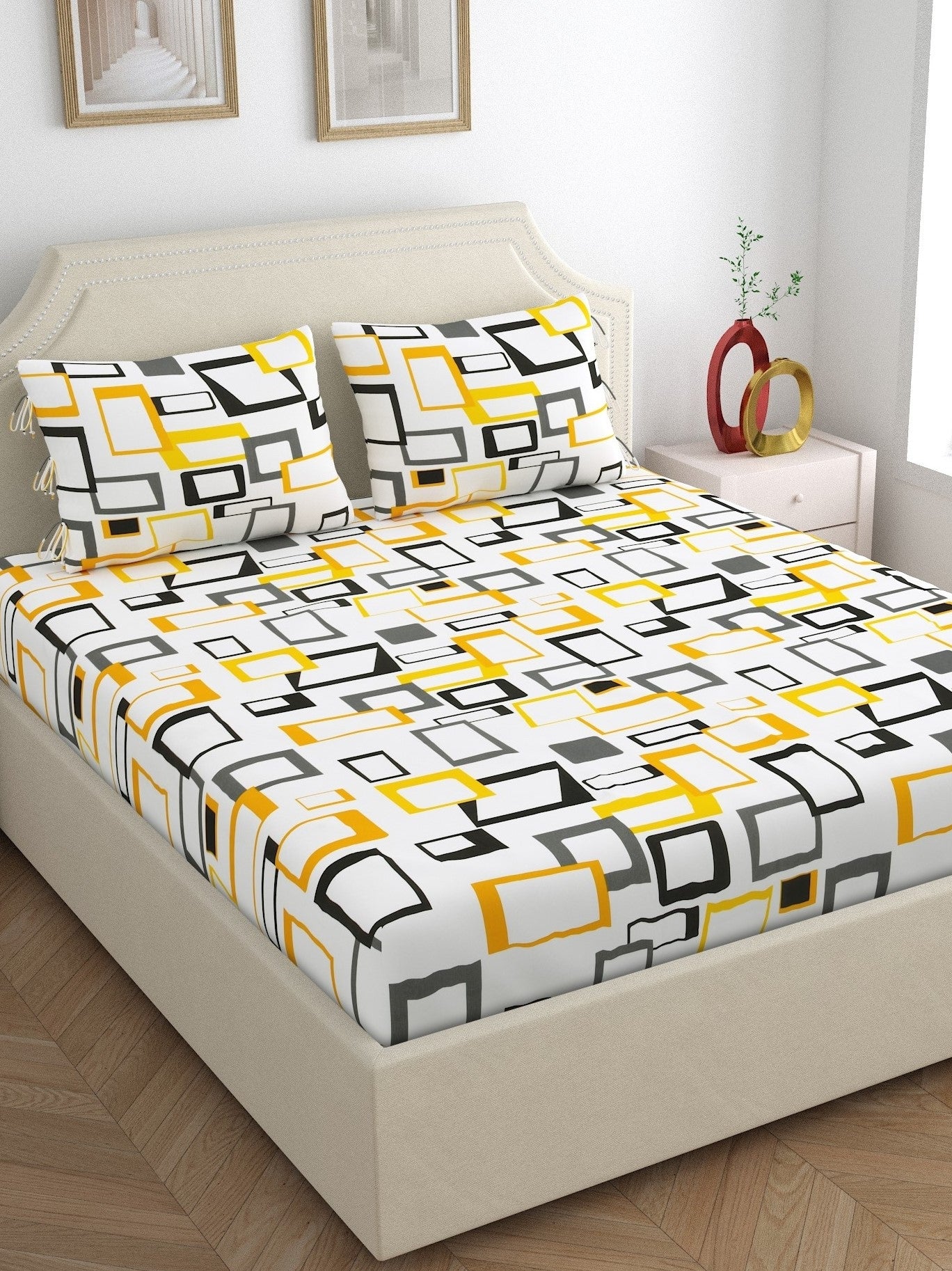 Home Esctasy 100% Cotton Geometric Bedsheet Set | 140 TC | Yellow