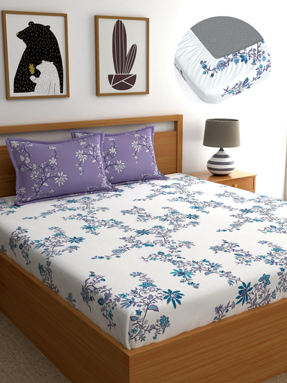 Home Ecstasy 100% Cotton 140 TC Floral Bedsheet Set - Colour: Lavender