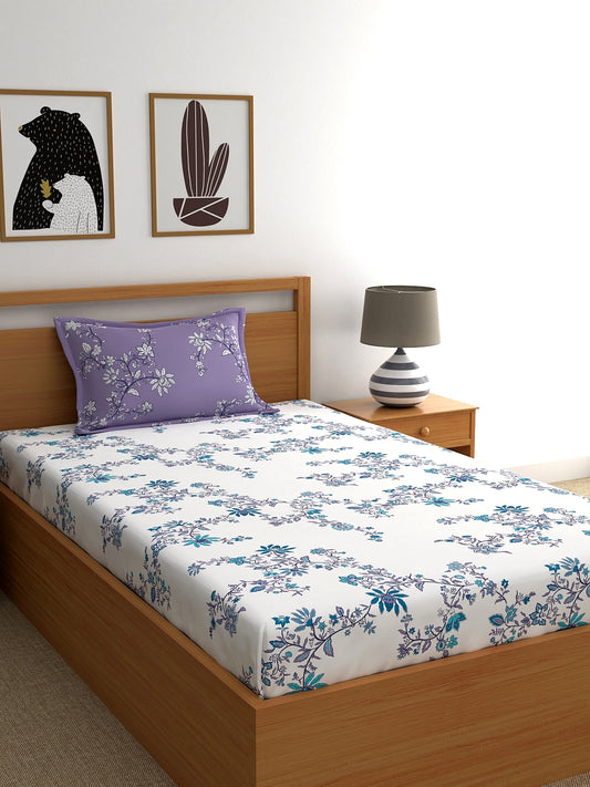 Home Ecstasy 100% Cotton 140 TC Floral Fitted Bedsheet Set - Colour: Lavender