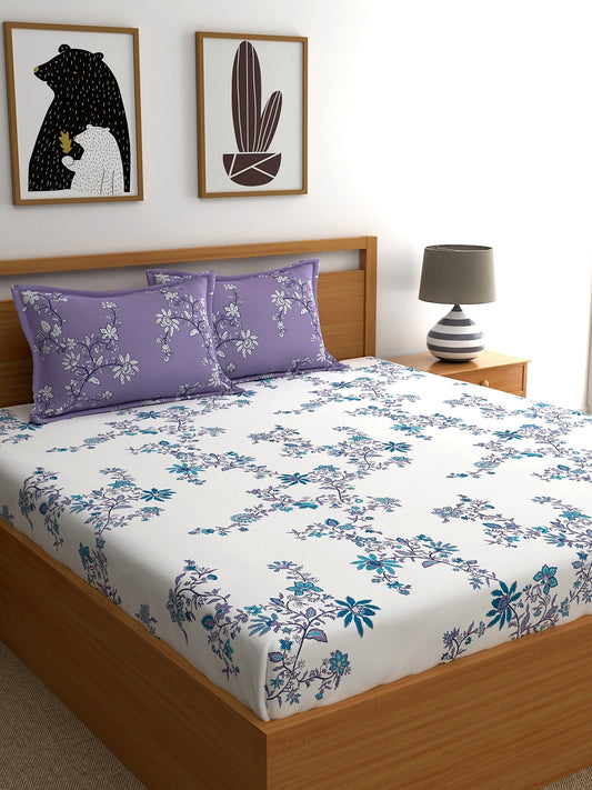 Home Ecstasy 100% Cotton 140 TC Floral Bedsheet Set - Colour: Lavender