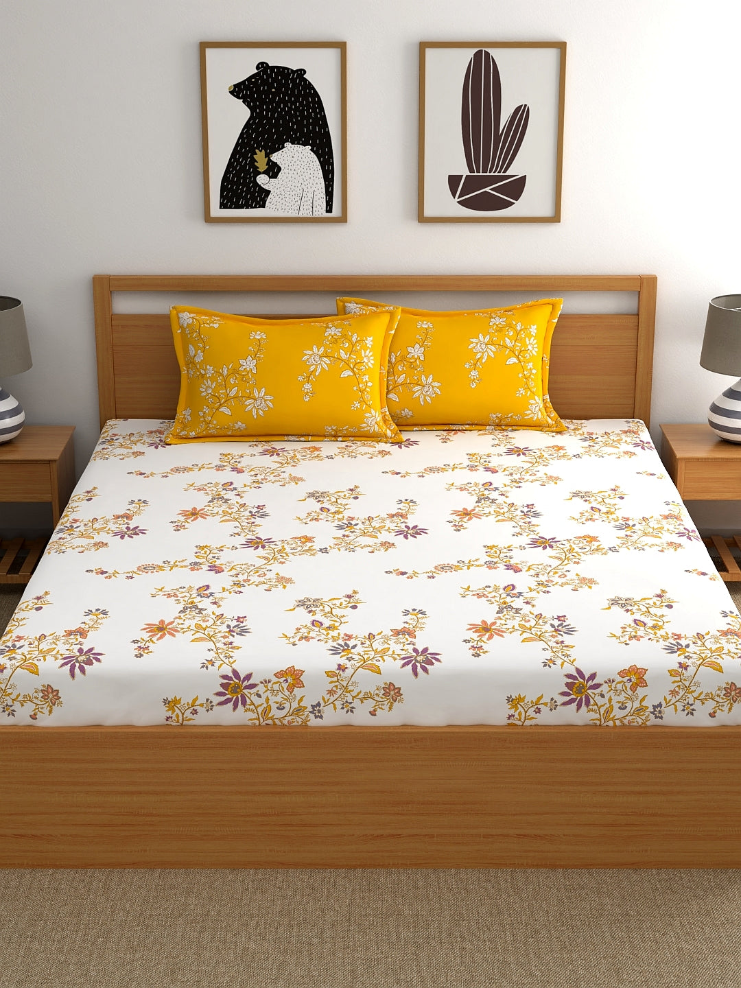 Home Ecstasy 100% Cotton Floral Bedsheet Set | 140 TC | Yellow
