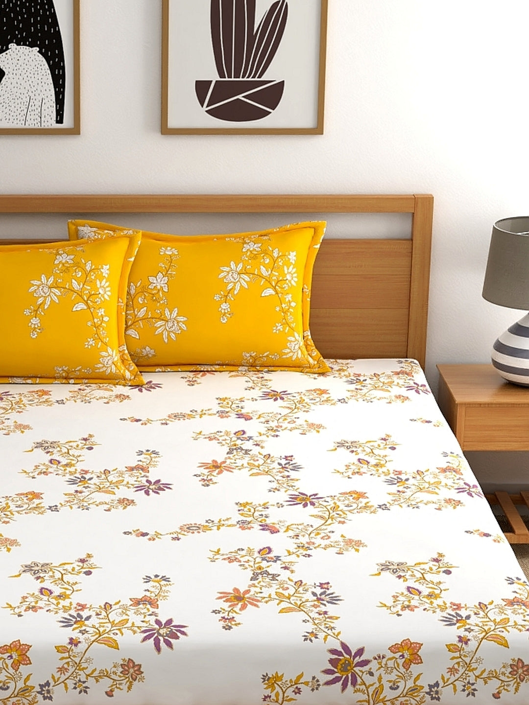 Home Ecstasy 100% Cotton Floral Bedsheet Set | 140 TC | Yellow