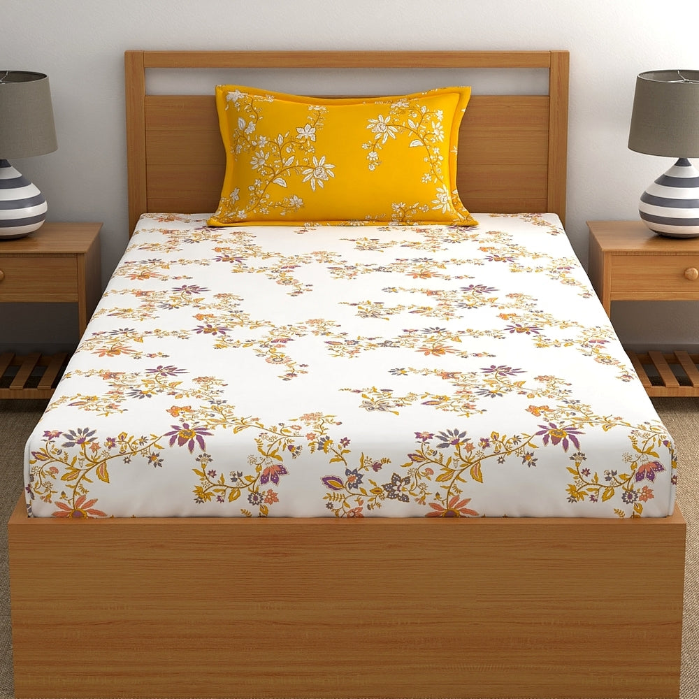 Home Ecstasy 100% Cotton Floral Bedsheet Set | 140 TC | Yellow