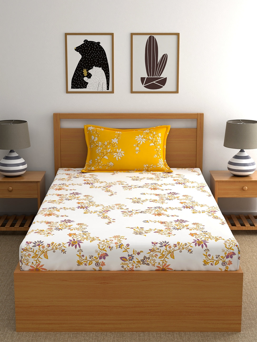 Home Ecstasy 100% Cotton Floral Bedsheet Set | 140 TC | Yellow