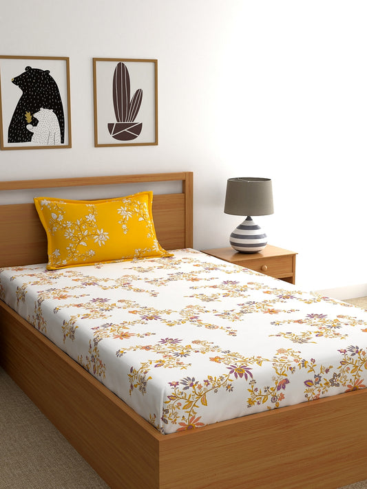 Home Ecstasy 100% Cotton 140 TC Floral Fitted Bedsheet Set - Colour: Yellow
