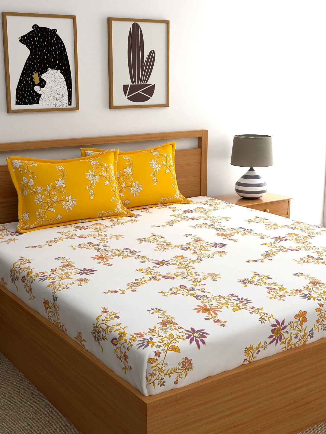Home Ecstasy 100% Cotton Floral Bedsheet Set | 140 TC | Yellow