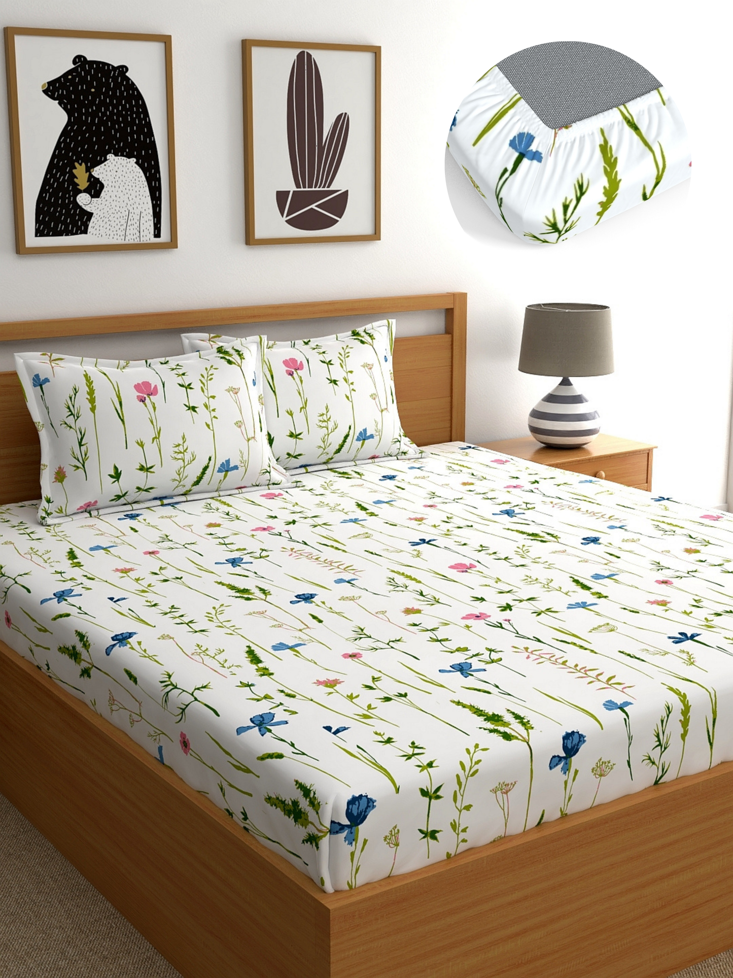 Home Ecstasy 100% Cotton 140 TC Floral Bedsheet Set - Colour: White