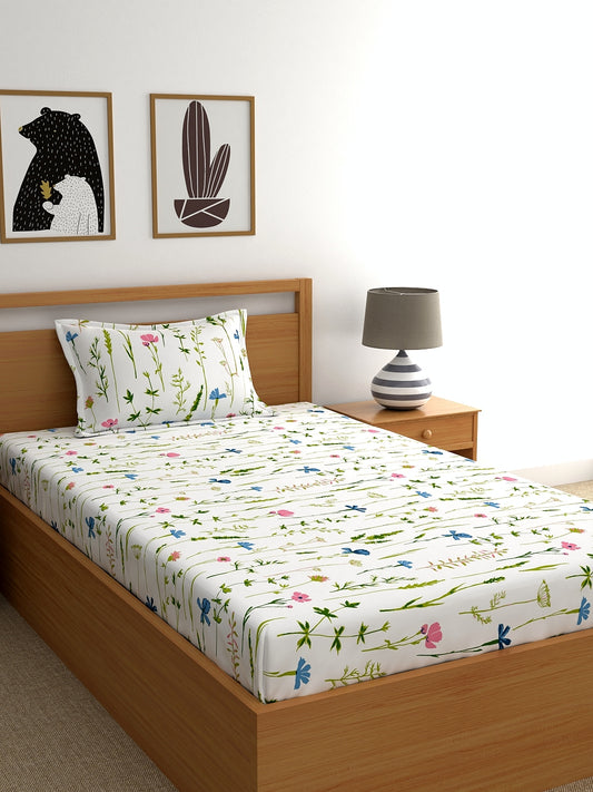 Home Ecstasy 100% Cotton 140 TC Floral Bedsheet Set - Colour: White