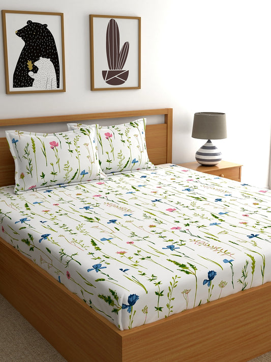 Home Ecstasy 100% Cotton 140 TC Floral Bedsheet Set - Colour: White