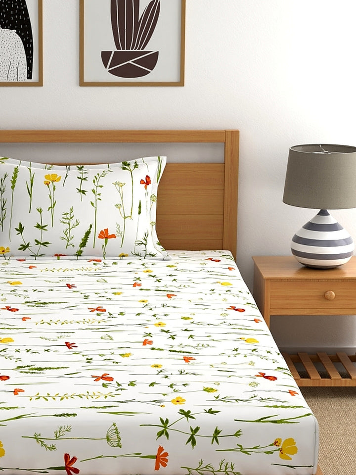 Home Ecstasy 100% Cotton Floral Bedsheet Set | 140 TC | Yellow and Orange